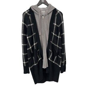 Jamison Plaid Full Zip Hooded Cardigan Size Small Long Sleeve Black Gray Relaxed